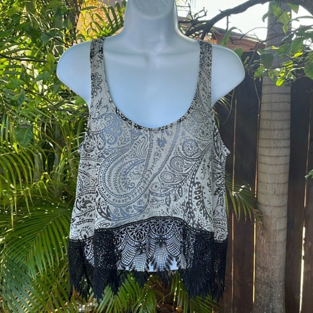FREE PEOPLE Gray Lace Cropped Paisley Bohemian Tank Top size small petite